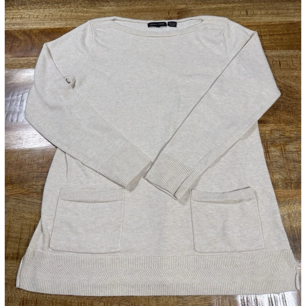 Jeanne Pierre Womens Sweater Small Cream Knit Pullover Pockets Cozy Casual